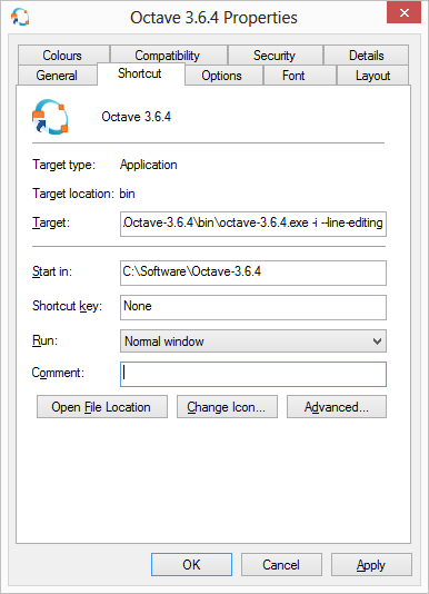 Octave desktop shortcut fix for Windows 8 - screenshot of shortcut properties with extra command line switches added 